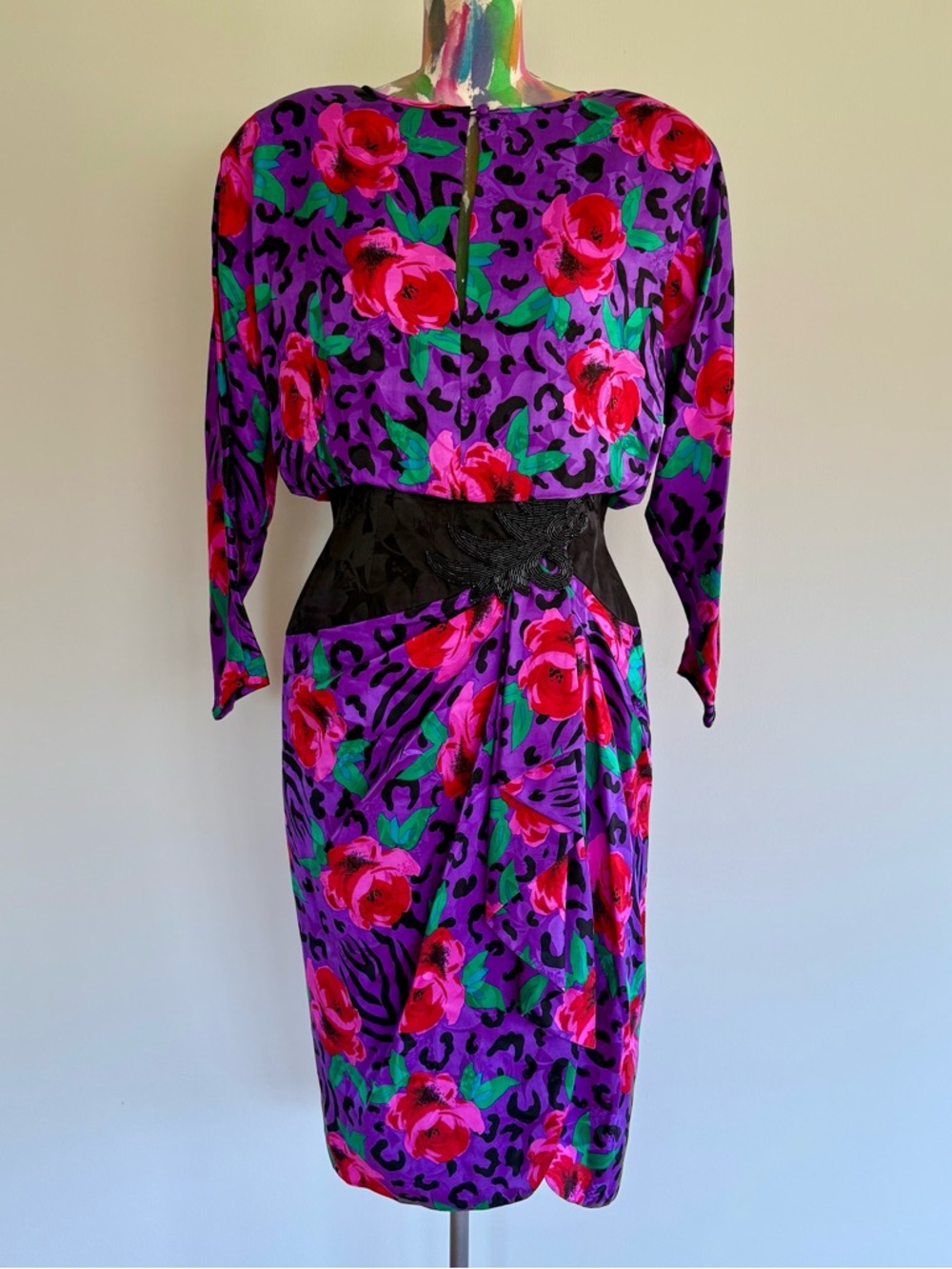 💜VINTAGE AJ BARI 80s 90s Silk Animal Print Floral Beaded Cocktail Dress